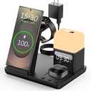 Wireless Charger for Samsung/Android Charging Station, 6 in 1 Fast Watch Charger with Alarm Clock-Night Light, Compatible for Galaxy S25 Ultra/S24, Only for Samsung Watch8/7, Galaxy Buds3 Pro(Black) (Coal)