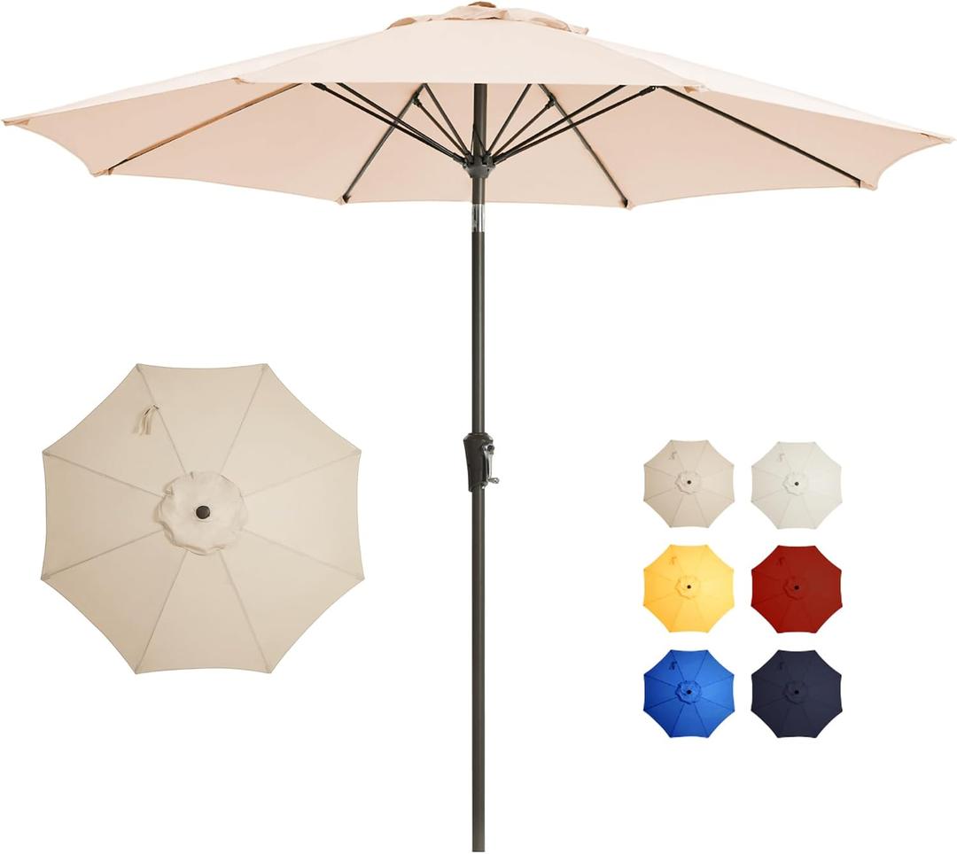 9FT Large Outdoor Patio Umbrella Pool Market Umbrella-UV Resistant, Easy Push Button Tilt and Crank, 8 Sturdy Ribs Heavy-Duty Table Umbrella for Deck, Backyard,Garden (Beige)