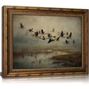 Vintage Gold Framed Wall Art, Flying Wild Ducks Over Marsh Oil Painting Print, Rustic Nature Landscape Decor for Living Room, Bedroom, Cabin, Ready to Hang, 24"L x 16"W
