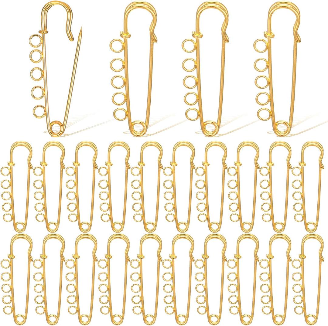 20 Pcs Safety Pin Brooch Decorative Safety Pins with 5 Loops Heavy Duty Big Safetys Pins Jewelry for Blankets Skirts Knitted Fabric Women Gold 1.96 x 0.59 Inch, 50x15mm / 1.96x0.59inch