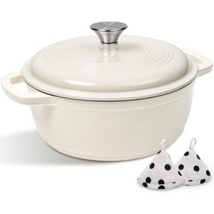 Enameled Cast Iron Dutch Oven Pot With Lid - AIVIKI 5QT Dutch Oven for Bread Baking With Cotton Potholders - Heavy-Duty Cookware for Braising, Stew, Roasting, Oven Safe up to 500F, Cream White