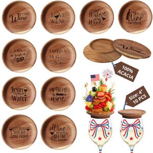 Premium Acacia Charcuterie Wine Glass Topper, Wooden Wine Glass Topper Appetizer Plates, Mini Charcuterie Boards, Charcuterie Accessories (10 Pcs)
