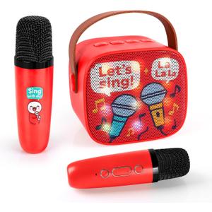 EFAILY Karaoke Machine for Kids, Portable Bluetooth Mini Karaoke,with 2 Wireless Microphones,Support TF/AUX Input/Funny Magic Voice for All Smartphones,Birthday, Family,Home Party (RED)