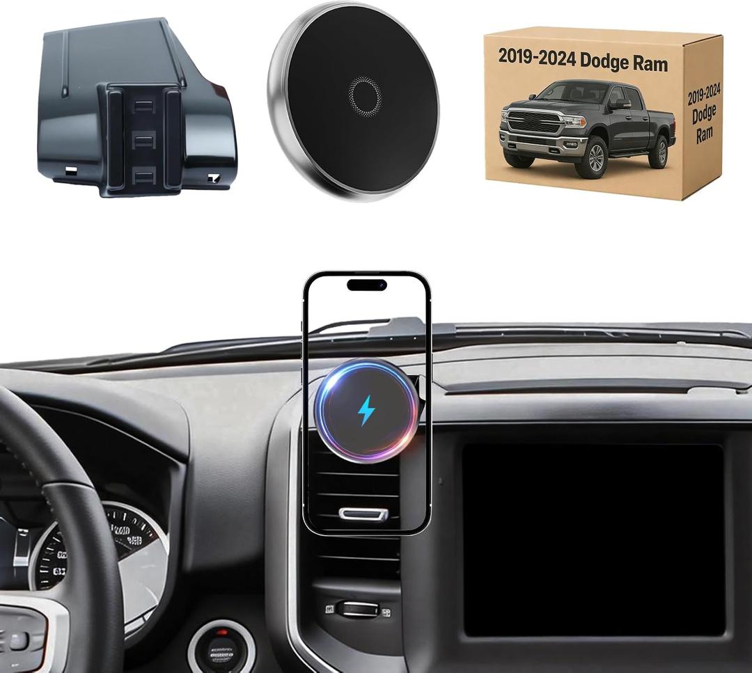 Phone Mount for Dodge Ram 1500/2500/3500 (2019-2024, 5" & 8.4"), 15W Wireless Charger, Magnetic Phone Holder, Dashboard Car Holder,360,Hands-Free, 2022 Truck Driver Essentials(Not for Column Shifter)