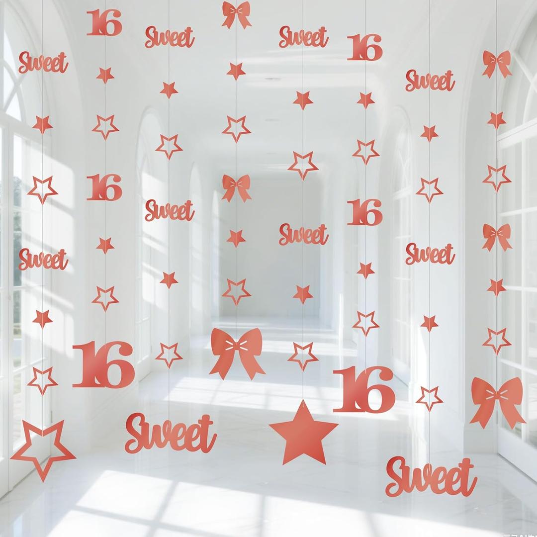 Rose Gold Sweet 16 Party Decorations for Girls Kit Pre-Strung 16th Glitter Twinkle Stars, Bows & Number 16 Birthday Hanging Streamer Banner Happy Sixteen Party Decor Supplies