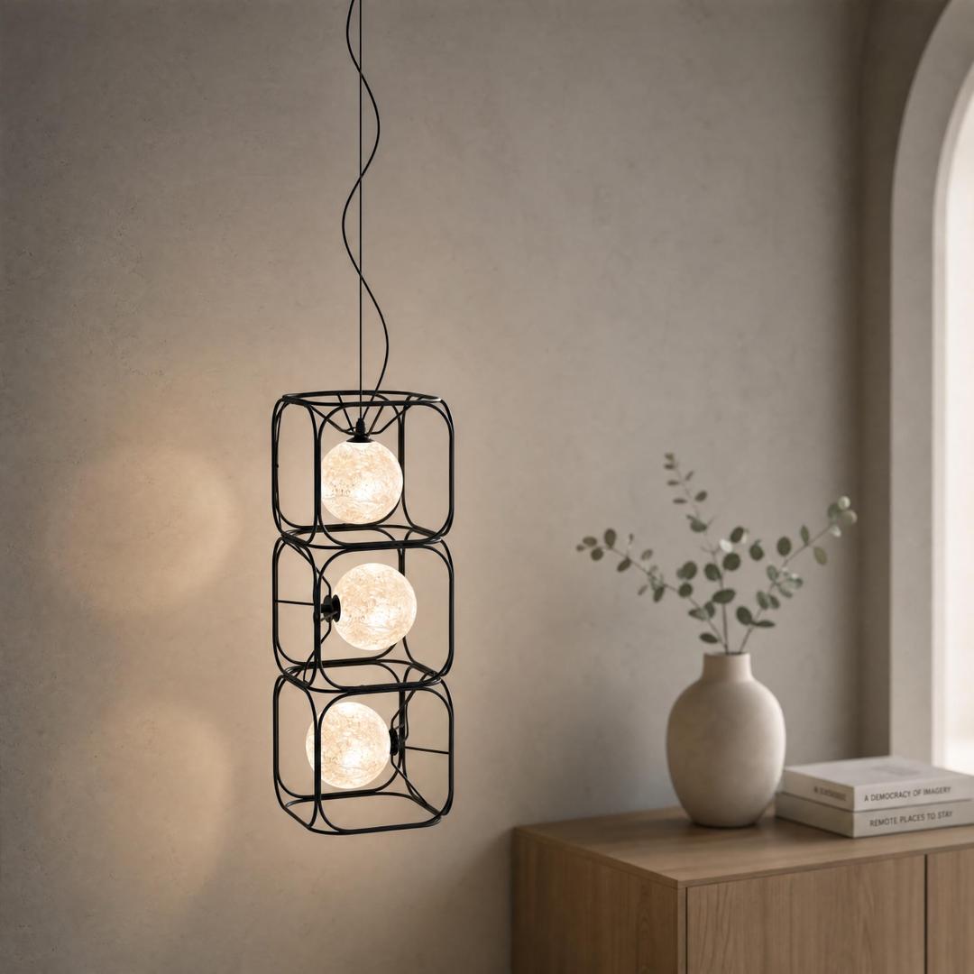 ziidoo Modern Globe Glass Pendant Light，3-Lights Ice Crystal Pattern Lampshade Ceiling Artistic Bedside Chandelier Adjustable Hanging Light Fixtures for Kitchen Island Living Dining Room Bedroom Bar, 9.8"L x 9.8"W x 25.6"H