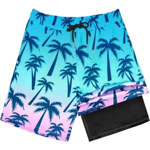 OlyPegic Boys Swim Trunks with Boxer Brief Liner Compression Boy Bathing Suit Quick Dry Beach Swimsuit Toddler Swim Shorts (Blue)