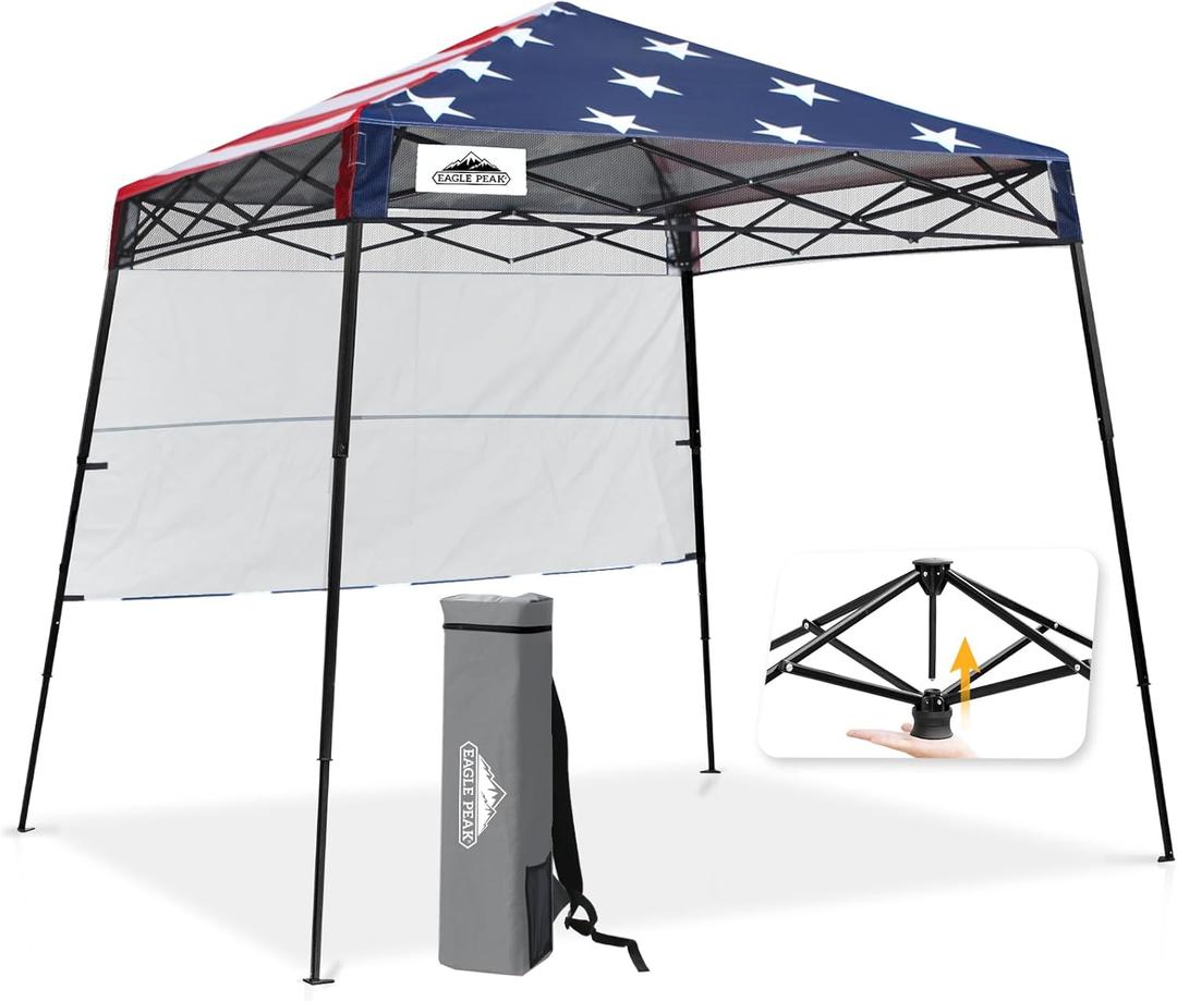 EAGLE PEAK 8x8 Pop Up Canopy Tent with Sidewall, Compact, Portable Slant Leg Instant Sun Shelter for Beach, Sports, & Camping, 8x8 Base 6x6 Top, American Flag