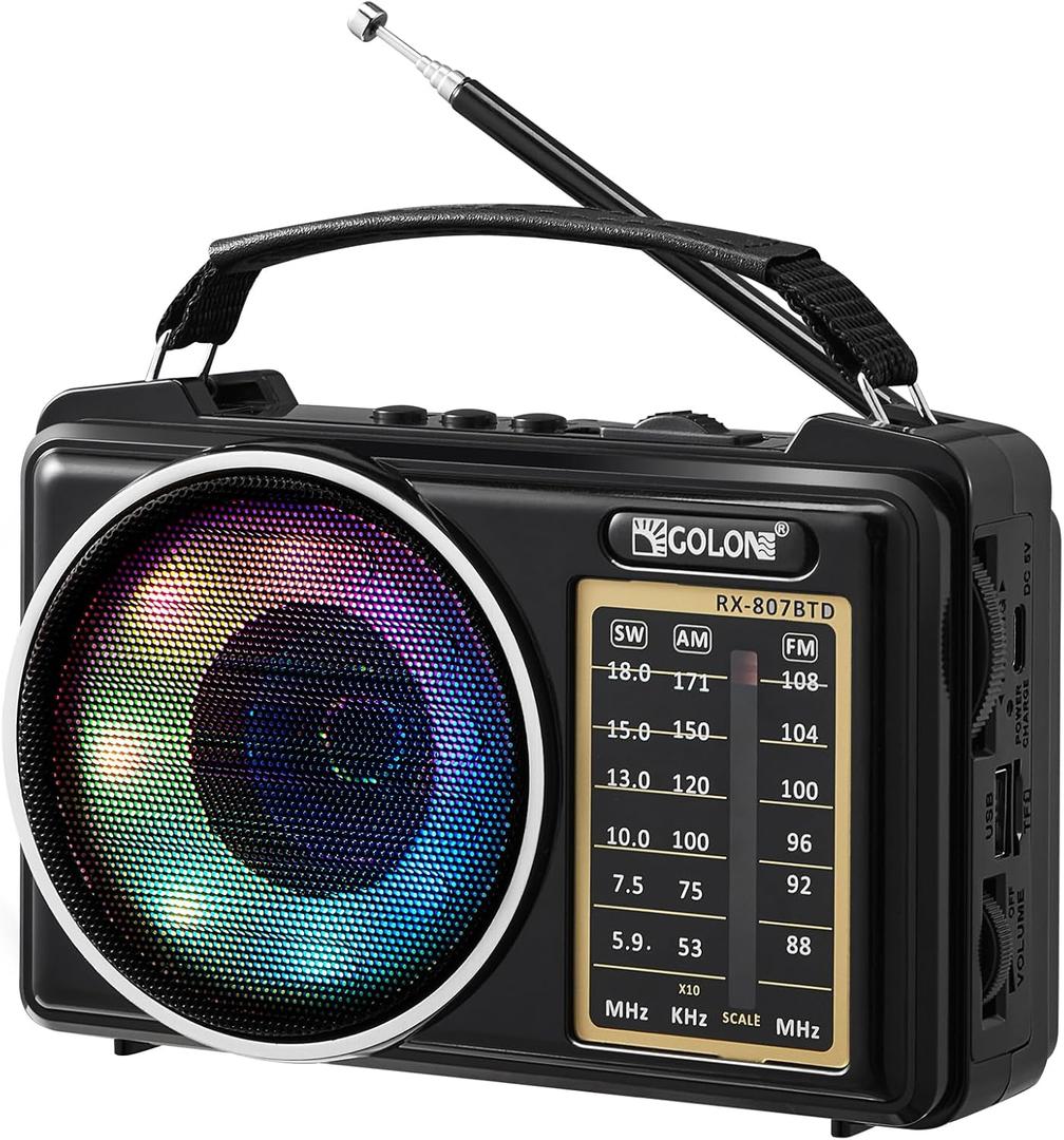 Gelielim Portable Radio AM FM Shortwave, Small Retro Vintage Radio Bluetooth Speaker with Ambient Light, Strong Reception,Rechargeable Battery Powered &Solar Recharged, USB/TF Card Input (Black)