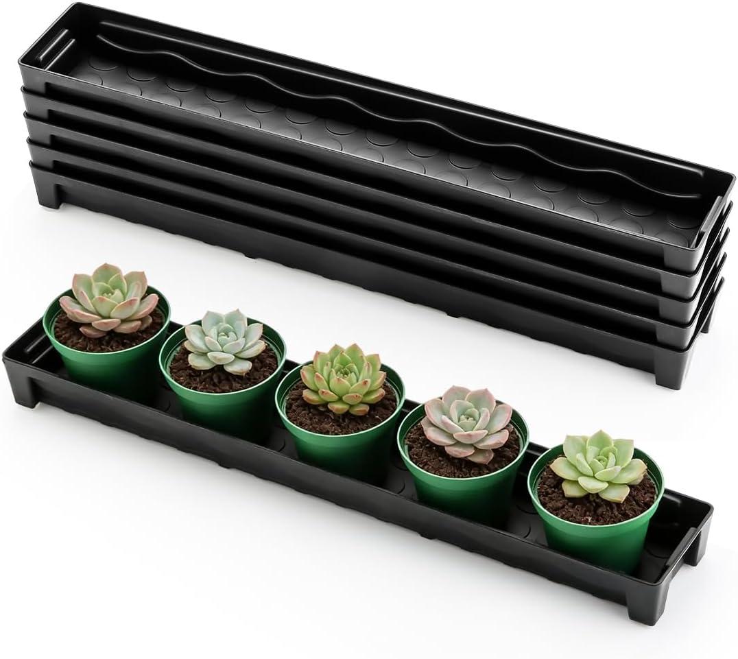 RooTrimmer 5 Pack Plastic Plant Saucer (17"x3"x1.5"), Rectangular Window Sill Plant Pot Trays with Removable Drainage Hole, Thick Windowsill Saucer Tray for 2.8 inch (7CM) Flower Nursery Pots (Black)