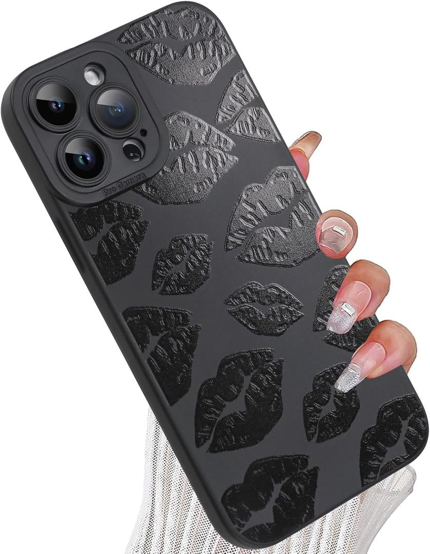 Lips Kiss Case for iPhone 15 Pro Max Case Cute Lipstick Kisses Blooms Design Soft TPU Shockproof Protective for Women Girls Phone Cover - Black Lips Print