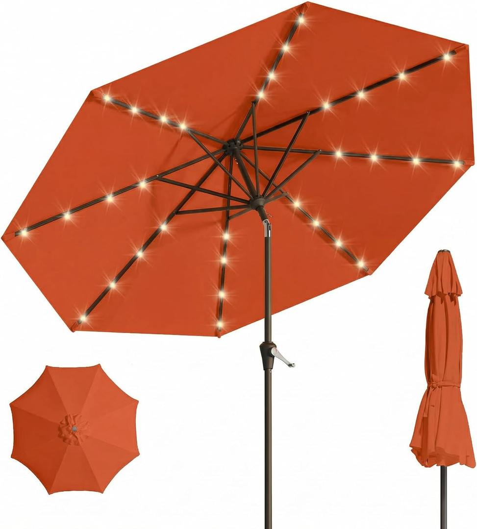 10FT Solar Umbrella 32 LED Lighted Patio Umbrella Table Market Umbrella w/Tilt and Crank, UV-Resistant Outdoor Umbrella for Pool, Garden, Deck, Terracotta