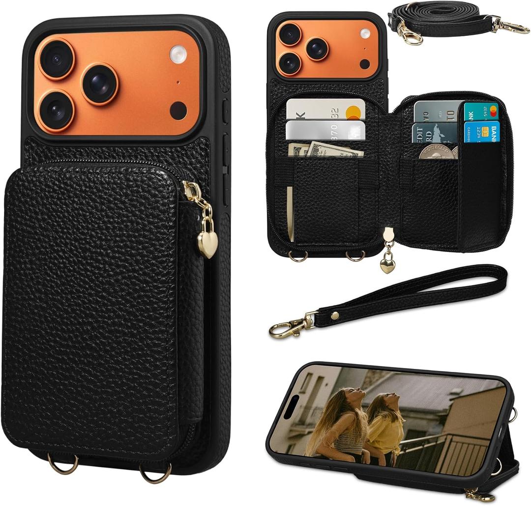 Keallce Case for iPhone 17 Pro Max 6.9'' Case Wallet, Crossbody Zipper Purse with RFID Blocking Card Slots Kickstand, Lanyard & Handstrap Flip Folio Leather Phone Cover for iPhone 17 Pro Max, Black