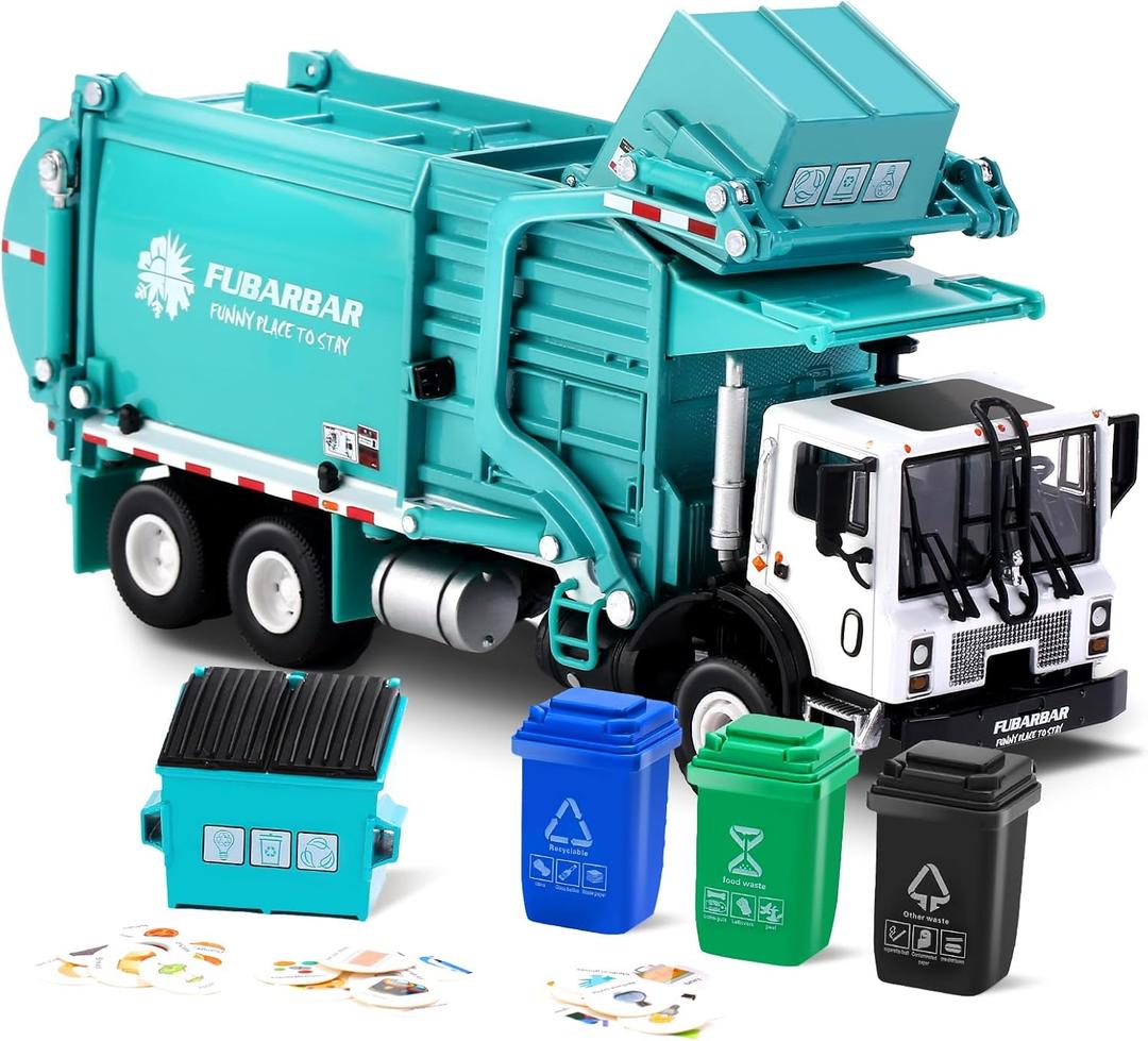 FUBARBAR Metal Garbage Truck Toy Model  1:43 Diecast Recycling Waste Transport Truck with Trash Bin, Pull Back Model Car Toy for Kids Boys (Blue)