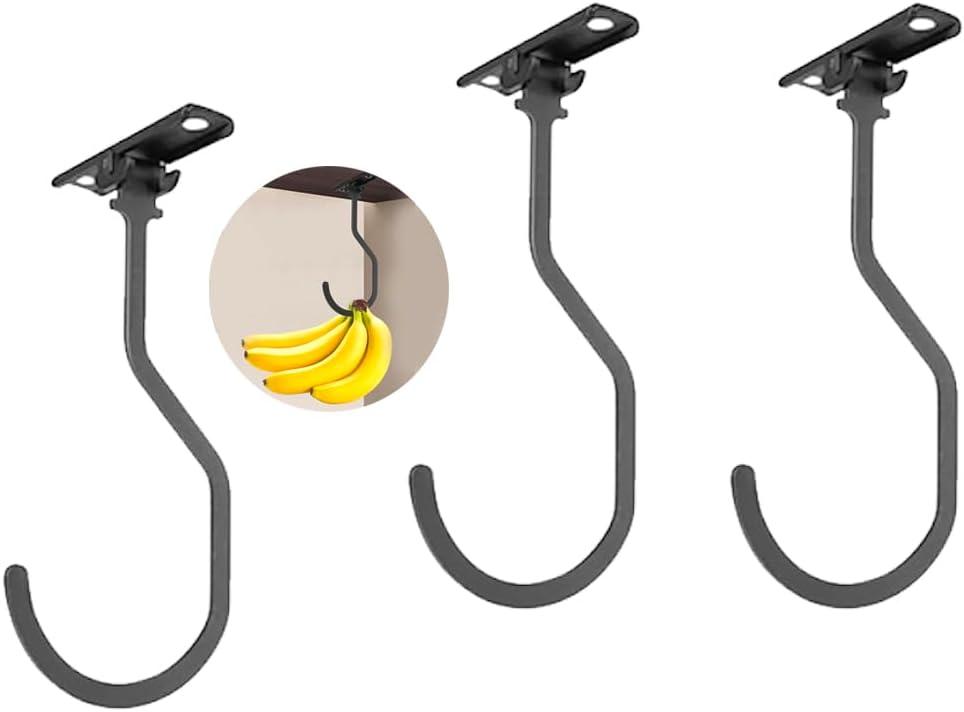 YIBOLIN'S Folding Banana Hanger Hook - Under Cabinet Space Saving Stainless Steel Banana Tree Holder to Keep Bananas Fresh Banana Holder for Kitchen Counter Organization (Black, 3 Pack)