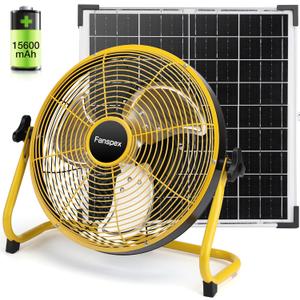 14" Solar Rechargeable Floor Fan for Outdoor, 15600mAh Battery Operated Fan with 20W Solar Panel Powered for Patio Gazebo Camping, 360 Tilt (5.3m/s Airflow)