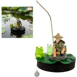 Floating Fish Tank Decorations, Mini Fisherman Aquarium Decor with Lotus Leaf and Fishing Rod, Floating Aquarium Ornaments with Interactive Feeder for Small Fish