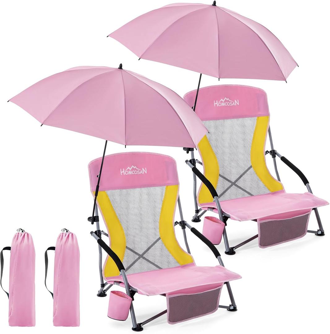 Homcosan Portable Low Folding Beach Chairs Set of 2 with Detachable Umbrellas - Lightweight Camping Chairs for Adults with Cup Holder & Storage Pockets, Carry Bag Included (Pink & Yellow), 2 Packs