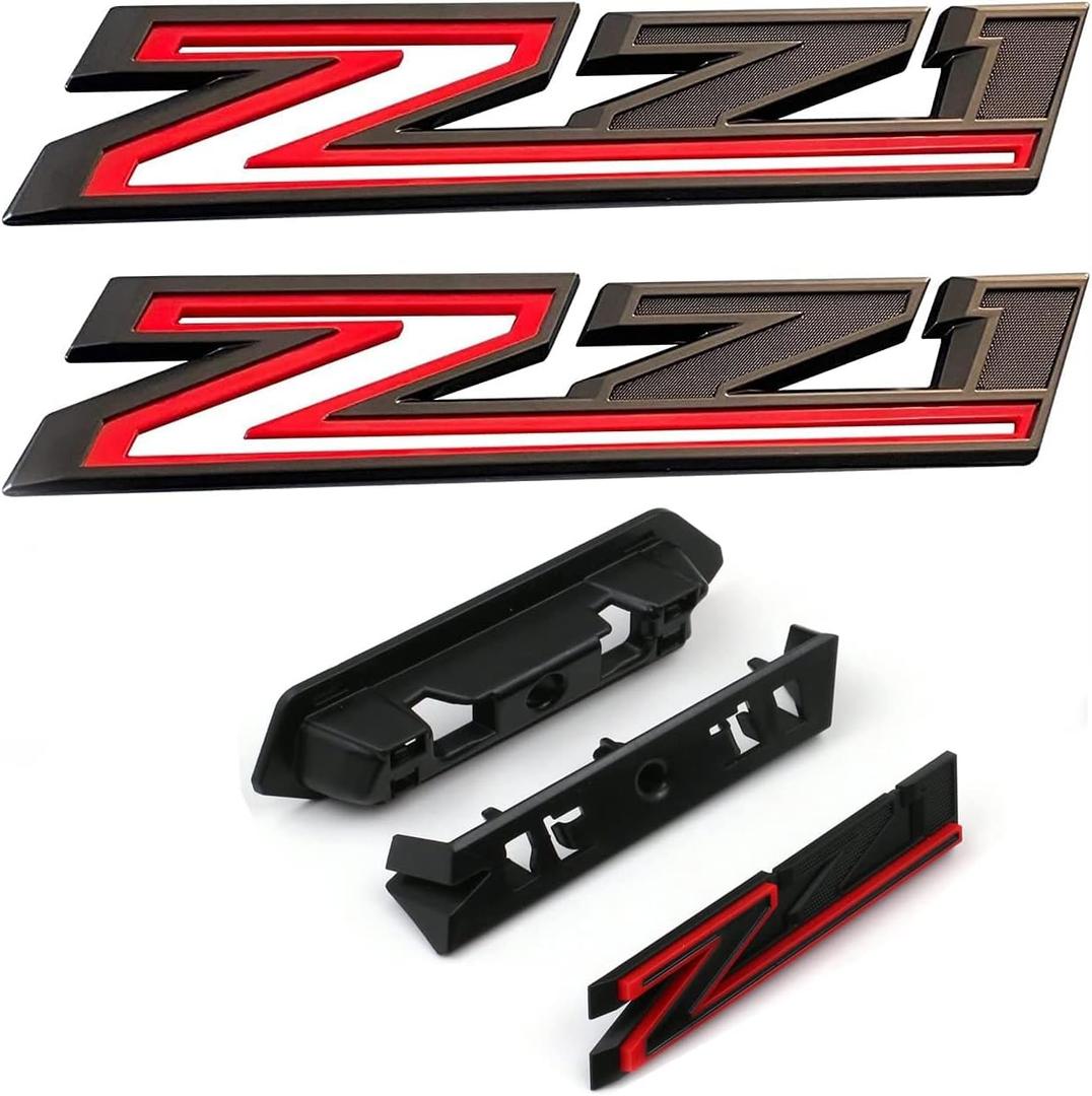 (Set of 3) 2019-2026 OEM 2pack Side Decals Emblems + Grille Z71 Badges Compatible with Silverado Genuine Parts 84632695 84384428 (Black Red)