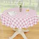 Smiry Plastic Table Cloth, Waterproof Vinyl Tablecloth with Flannel Backing, Wipeable Buffalo Plaid Table Cover for Picnic, Indoor and Outdoor (Pink & White, 60" Round)
