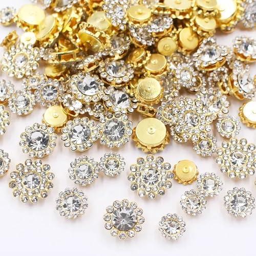 UYTRDVG 100pcs Sew on Rhinestones Crystal Gems Glass Sunflower with Gold Claw Mixed 8mm 10mm 12mm 14mm Flower Claw for Sewing Dress, Clothes, Shoes, Wedding Decoration (01 Clear White)