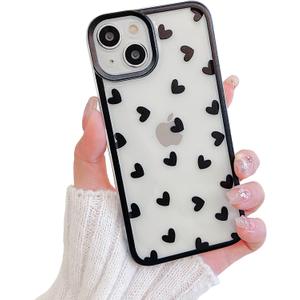 Compatible with iPhone 14 Case Cute Clear Black Love Heart Pattern for Girls Women, Soft TPU Shockproof Protective Designed for iPhone 14 Case-Black