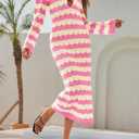 Saodimallsu Womens Crochet Summer Maxi Dress Striped Sexy Cut Out V Neck Long Sleeve Knit Cover Up Beach Dresses (M)