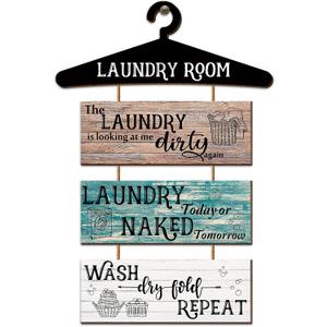 Laundry Room Wall Decor 4 Pieces Wooden Funny Laundry Room Signs Vintage Wash Dry Fold Repeat Signs Farmhouse Rustic Wall Decor(Brown, Blue, White)