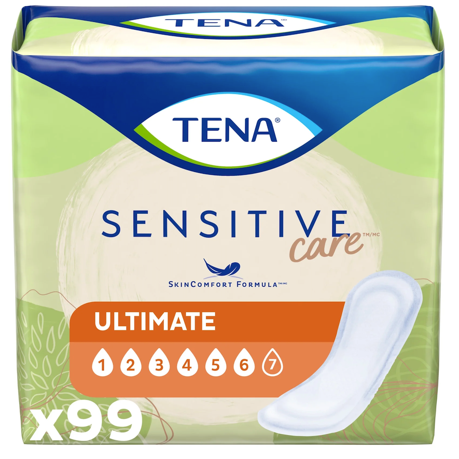 TENA Incontinence Pads, Bladder Control & Postpartum for Women, Ultimate Absorbency, Extra Coverage, Long, Sensitive Care, 99 Count 