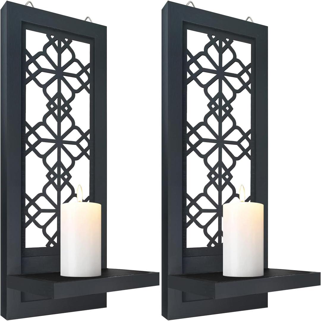 Set of 2 Candle Sconces, Farmhouse Accent Wall Sconce, Black Candle Holder Wall Decorations for Home Dcor, Living Room, Dining Room.(15 x6 in)