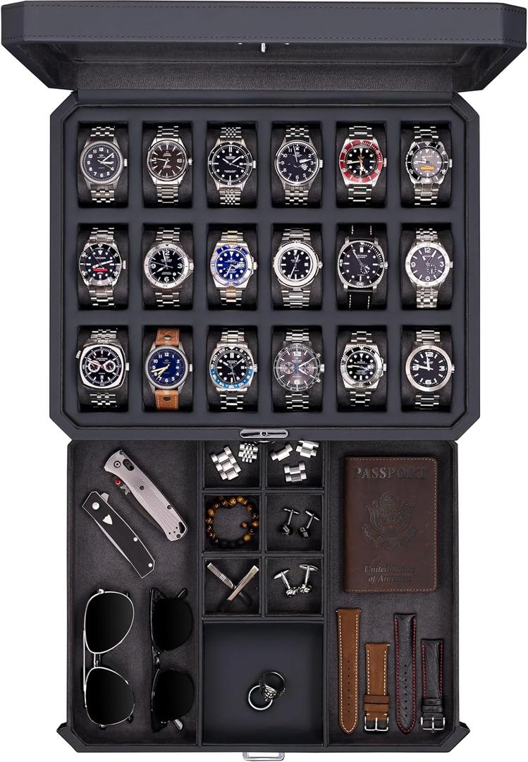 ROTHWELL 18-Slot Watch Case with Drawer Luxury Watch Box for Men, Real Glass Top, Lockable, Display Case for Collections (Carbon)