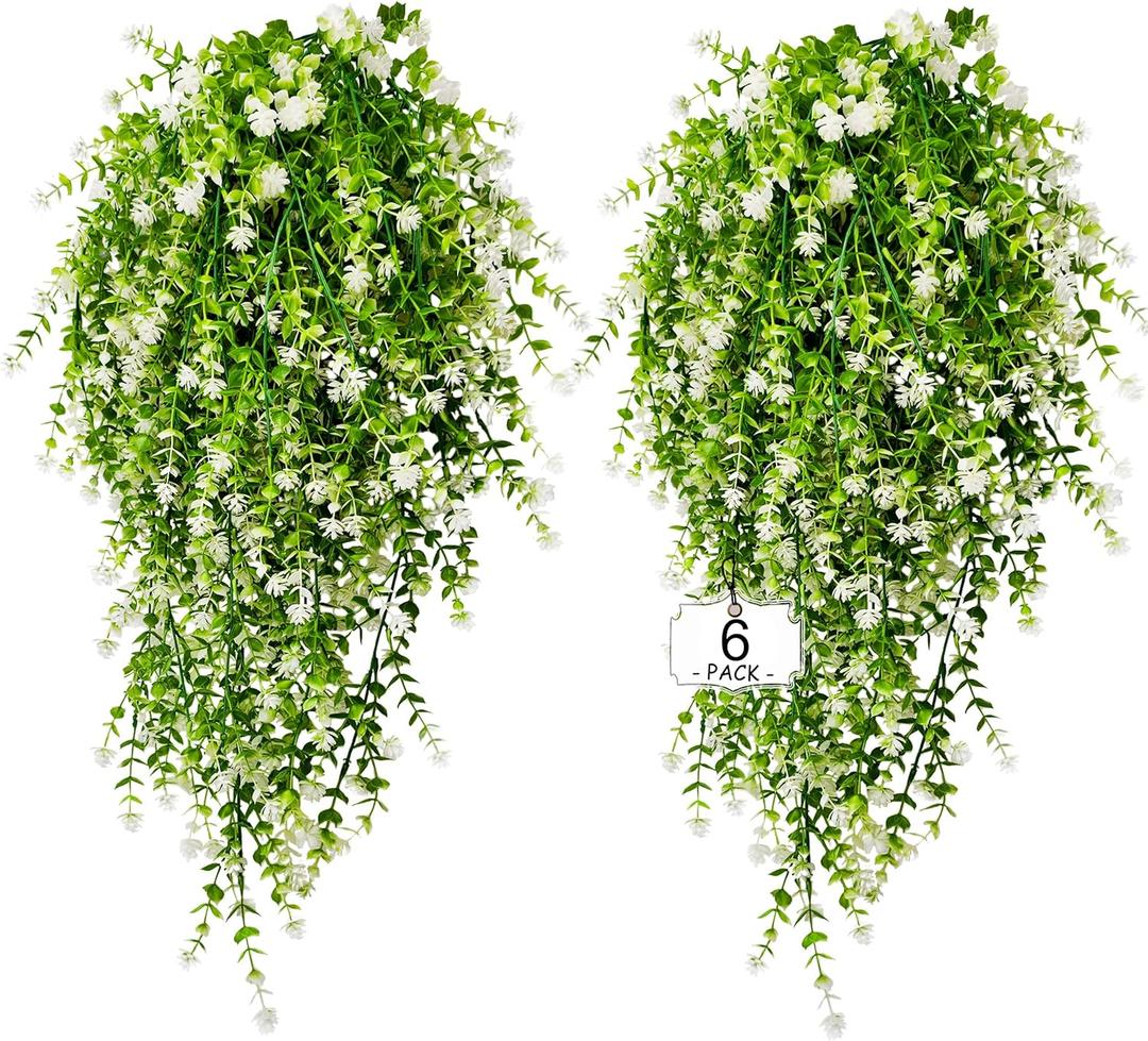 Artificial Hanging Flowers Outdoor UV Resistant Fake Plastic Plants Indoor Outside Garden Porch Window Box Home Wedding Farmhouse Festive Shrub Decor (White, 6 Bundles)