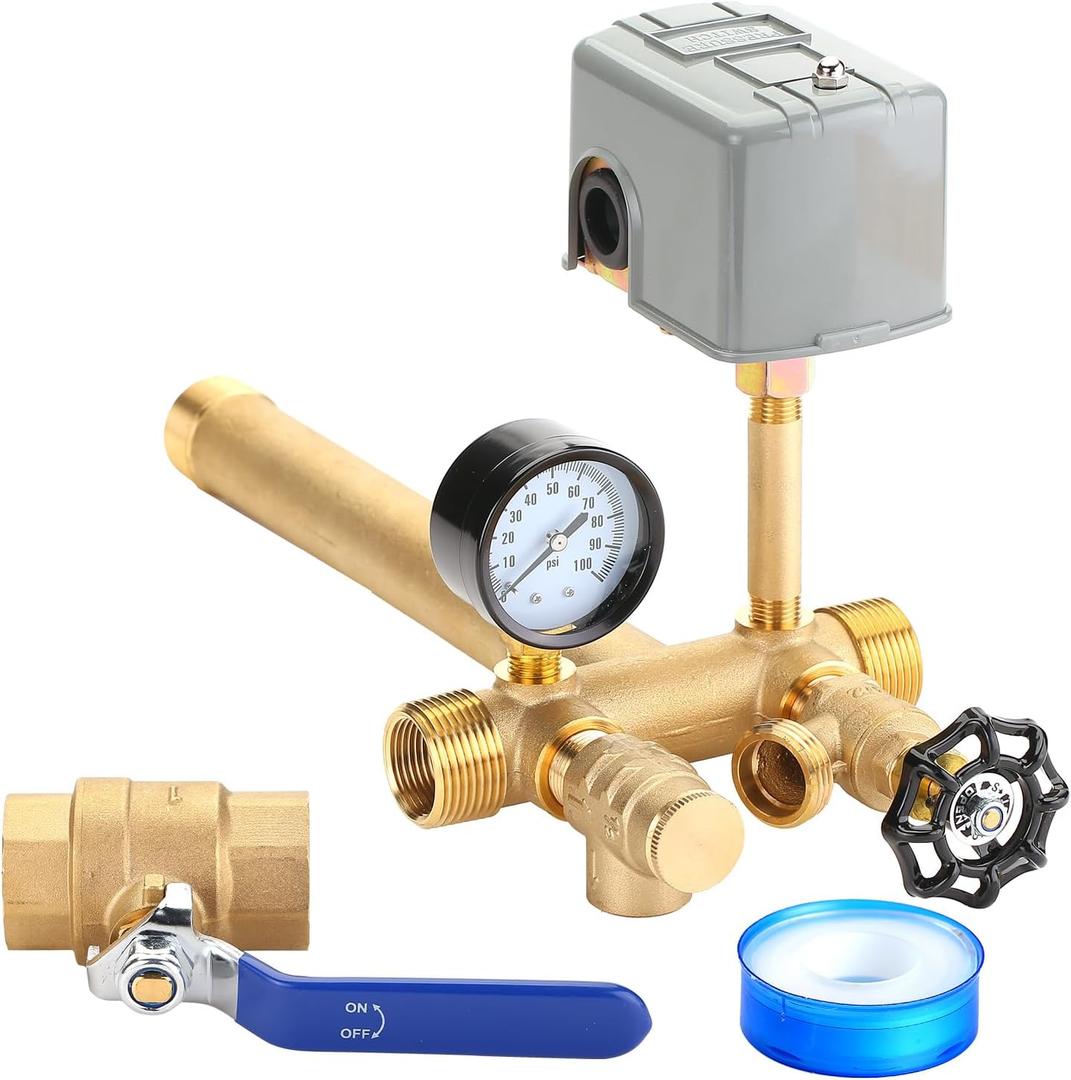 1"x 11"Well Pressure Tank Tee Kit with 40/60psi Pressure Switch,Brass Pressure Tank Installation Kit for Water Well, Fit Most pressure tanks with diameters up to 16 Inch