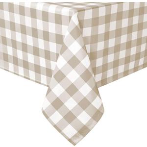 Hiasan 54 x 108 Inch Checkered Tablecloth Rectangle - Waterproof, Wrinkle Resistant and Washable Gingham Table Cloth for Outdoor Picnic, Kitchen and Holiday Dinner, Khaki and White