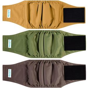 Paw Legend Washable Dogs Diapers Male Dog Belly Bands for Male Dogs Diapers Reusable Puppy & Doggie Diapers Male (3 Pack, Large) (Brown, Dark Green, Gold)