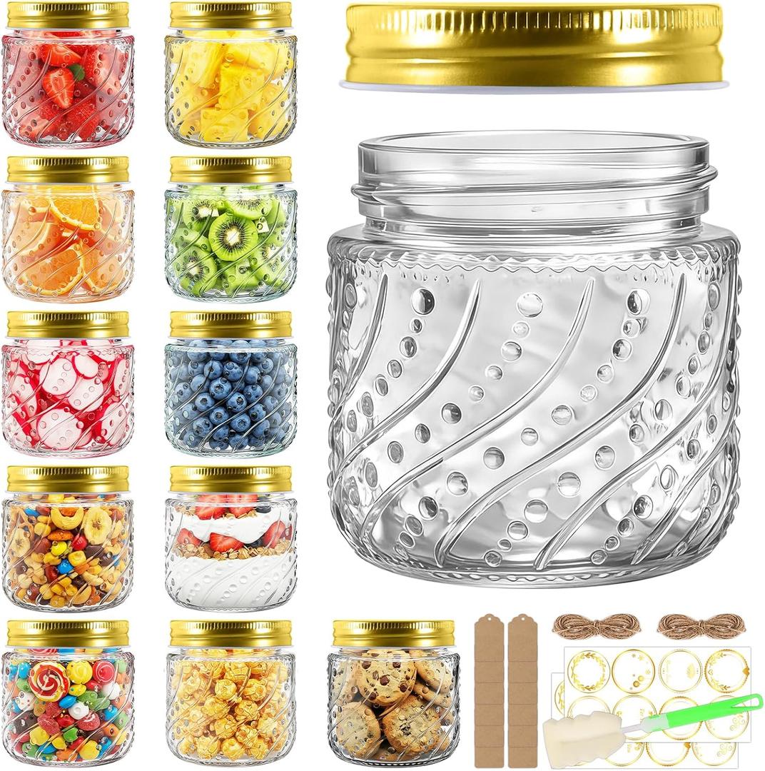 8oz Mason Jars with Gold Lids, 12 Pack with Wave and Dot Pattern, Stickers&Tags, Half Pint Glass Jars for Honey, Jam, Candies, Jelly, Spice, DIY Crafts & Wedding Favors