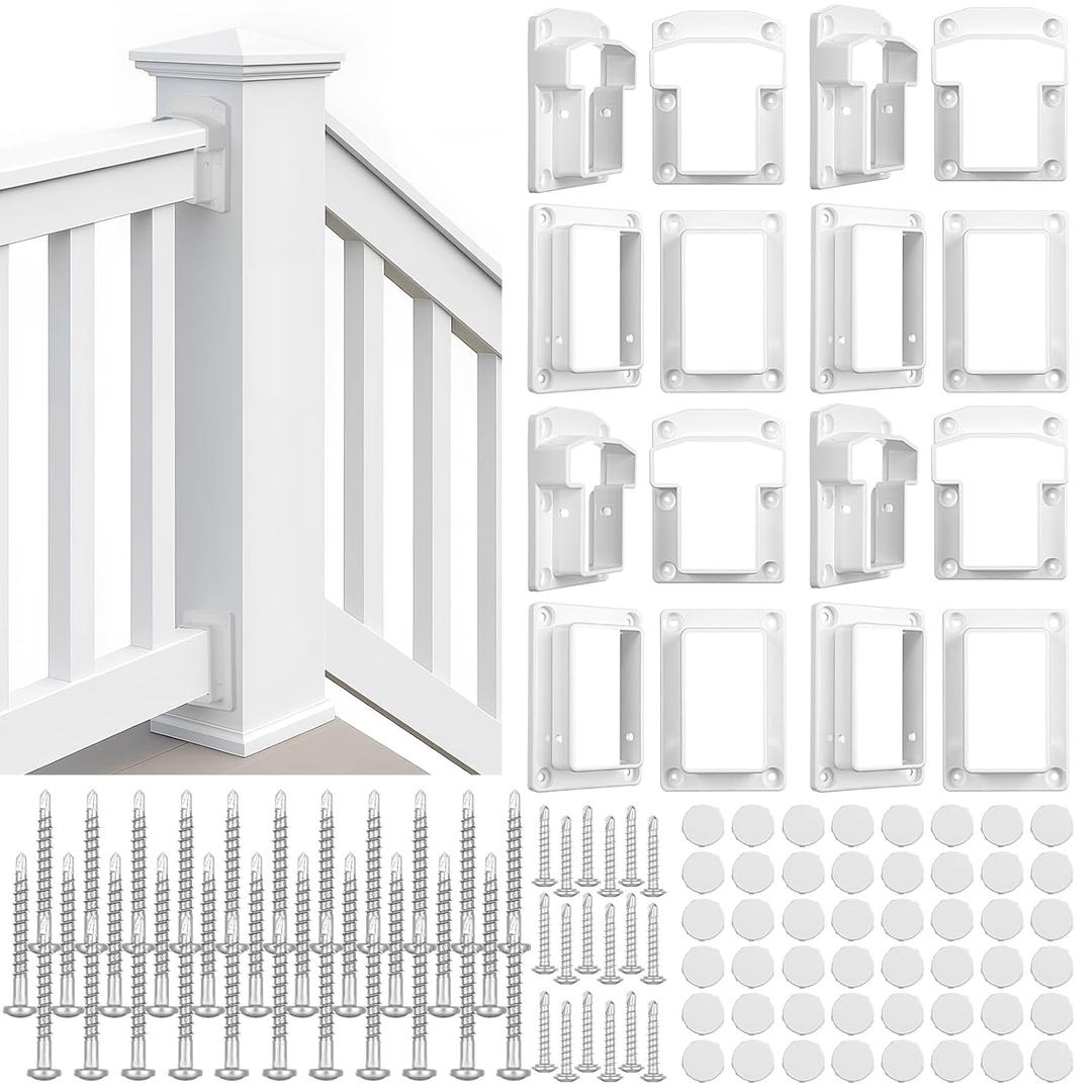 Beeveer 4 Sets Vinyl Fence Railing Bracket Kit with Screws Straight Porch and Deck Railing Bracket Fits for 2 x 3.5 White Top and Bottom for Yorkshire and Bolton