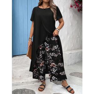 Womens 2 Piece Outfits High-Low Hem Long Sleeve Top Elastic Waist Floral Wide Leg Pants Sets, 0X