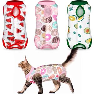 Nuanchu 3 Pieces Cat Recovery Suit Kitten Recovery Suit E-Collar Alternative for Cats and Dogs Abdominal Skin Anti Licking Pajama Clothes Sets(Large,Watermelon Style,Colorful)