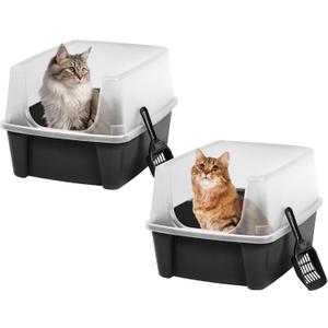 IRIS USA 2 Pack Large Open Top Cat Litter Box with High Sides, Scatter Shield & Scoop, Black, for Indoor Cats, Kittens or Multicat Homes