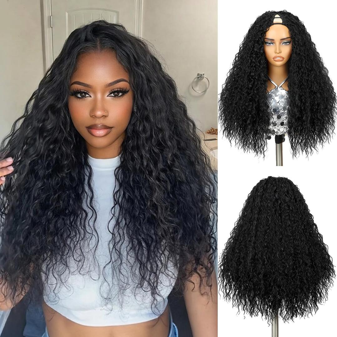 FANCEE Kinky Curly V Part Wig U Part Glueless Clip in Half Wigs Burmese Curly 22 Inch Synthetic No Lace No Leave Out Wig for Black Women Small Soft Loose Curls Voluminous Shaggy Natural Hair Texture