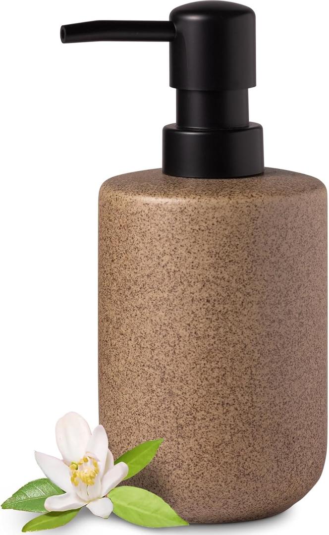 EMPO Stone-Textured Vintage Ceramic Dispenser, High-Color Rough Modern Zen Black ABS Press Bottle for Hand Soap, Shampoo, Conditioner for Bathroom and Kitchen (350ml/11.83oz), Brown/Black 