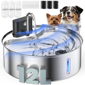 Wireless Dog Water Fountain Stainless Steel with Sensor 12L/3.2Gal Cordless Automatic Water Dispenser Quiet Pump BPA-Free Automatic Cat for Drinking, Easy Clean for Cats Dogs Pets