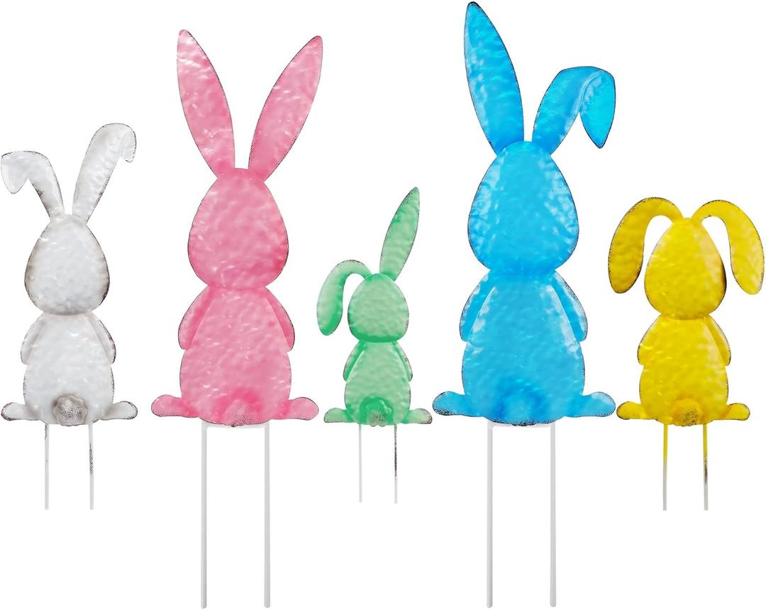 Joliyoou Easter Yard Signs, Set of 5 Metal Easter Bunny Stakes, Assorted Colorful Standing Rabbits Stake for Front Door Spring Lawn Garden Holiday Outdoor Decorations