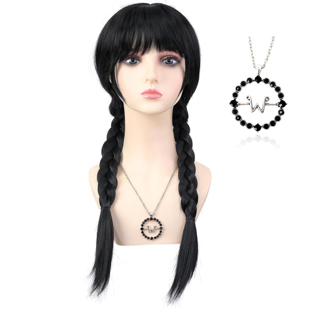 Long Black Braided Wig for Women with Necklace Heat Resistant Synthetic Pigtails Hair Wigs for Adults Halloween Party Cosplay Costume (Adults Wig+Necklace)