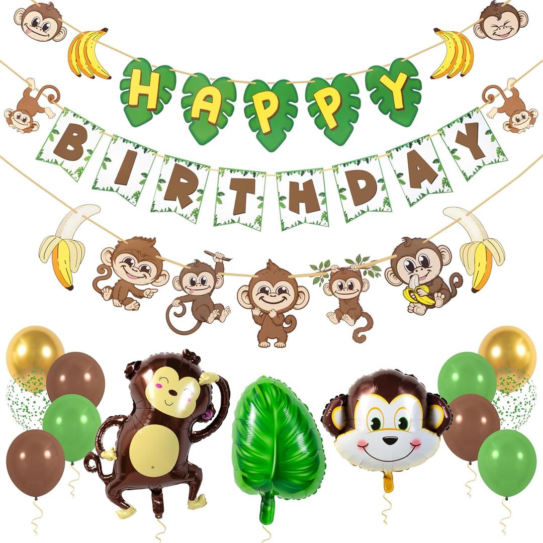 Pirese Monkey Birthday Banner, Monkey Party Decorations, Jungle Birthday Party Decorations | Banana Party Decorations| Banana Birthday Decorations | Monkey Birthday Party Supplies | Monkey Decor