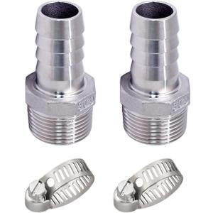 Stainless Steel 304 Hose Barb Fitting, 1-1/4" Barbed x 1-1/4" NPT Male Straight Adapter Connector with 2 Hose Clamps, Pack of 2