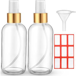 Fumete 2 Pack Glass Bottles 4oz Empty Refillable Liquid Containers with 1 Label 1 Funnel for Essential Oils Hair Travel Plants Cleaning Skin Care(Clear, Golden Top,Mist Bottle)