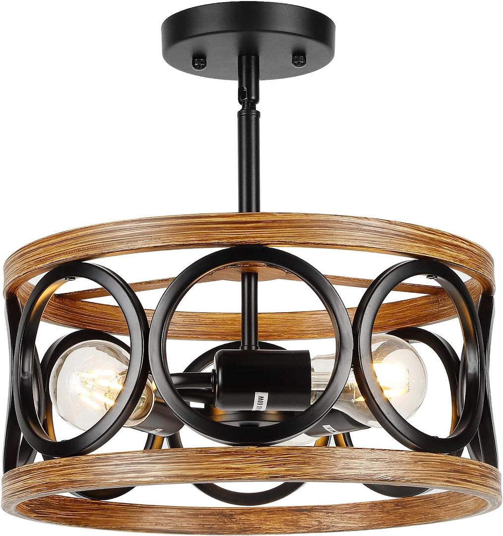 Farmhouse Semi Flush Mount Ceiling Light Fixtures, 3-Light Black Ceiling Light Rustic Light Fixtures for Hallway Entrance Kitchen Bedroom