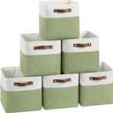 Cube Storage Baskets 6 Pack, 11x11 inch Cube Storage Bins with Leather Handles for Shelf Closet (White/ Green)